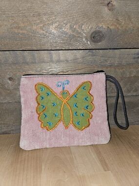 Pink Butterfly Embroidered Wristlet Pouch